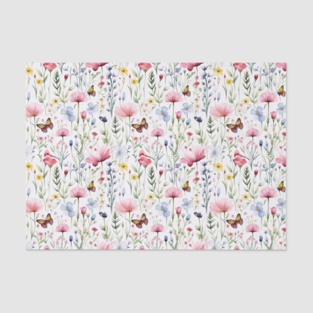 Papier Mousseline Fleurs sauvages roses jaunes Papillon Anniversaire (Recto)