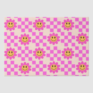 Papier Mousseline Fleurs souriantes rose vif à carreaux avec des car