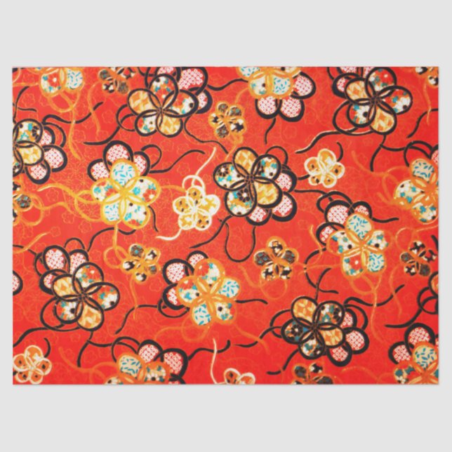 PAPIER MOUSSELINE FLEURS STYLISÉES, RIBBONS BLANCS NOIRS ROUGE CLAIR (Recto)