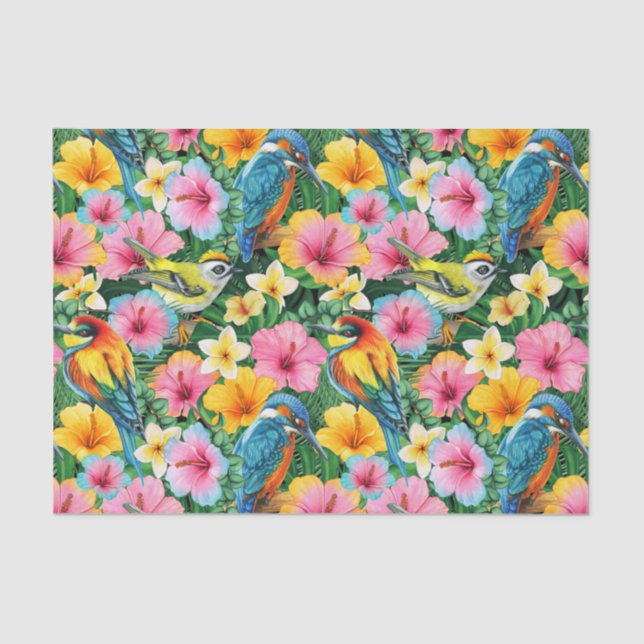 Papier Mousseline Fleurs tropicales et oiseaux dynamiques (Recto)