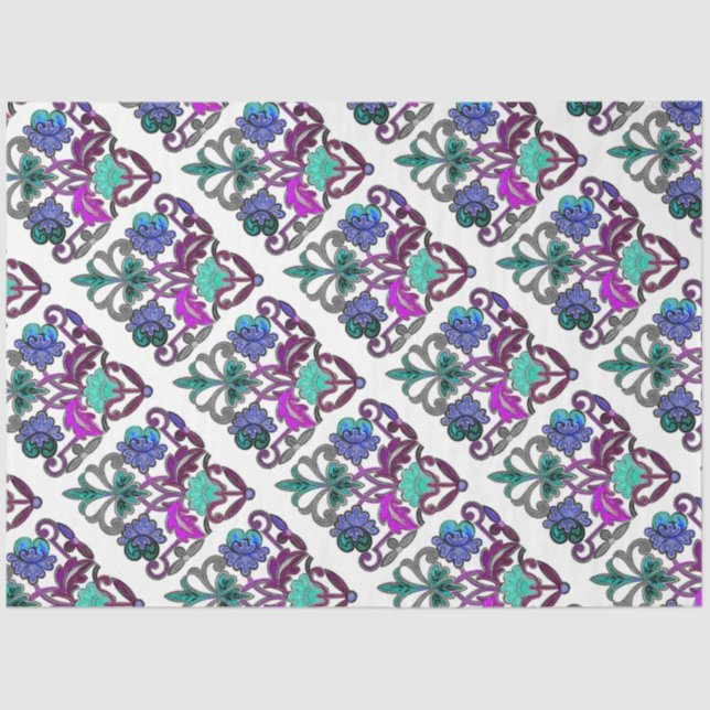 Papier Mousseline FLEURS turquoises DE BROIDISSERIE VERTE PURPLE (Recto)