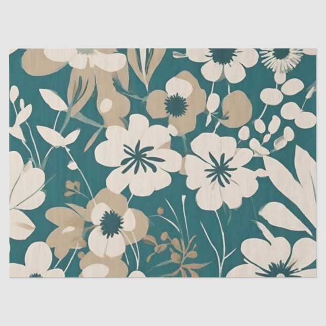 Papier Mousseline Fleurs Turquoises super (Recto)