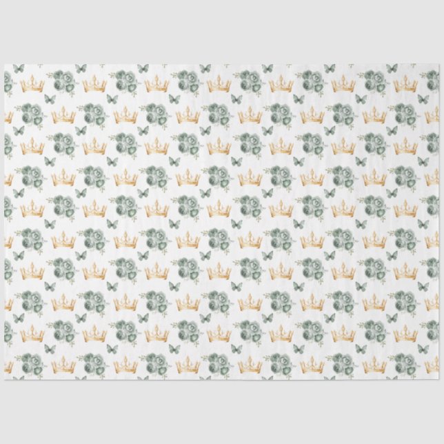 Papier Mousseline Fleurs vert sauge et couronnes dorées (Recto)