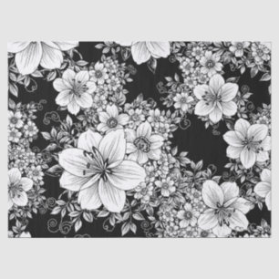 Papier Mousseline Fleurs vintage noir et blanc, motif sans couture (