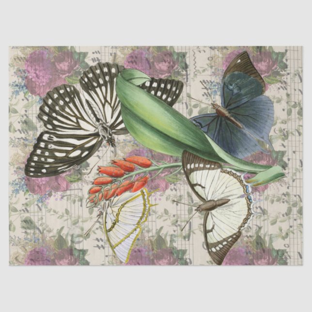 Papier Mousseline Fleurs violettes, papillons à la découpe musicale (Recto)