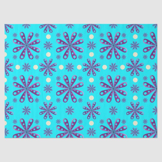 Papier Mousseline Fleurs violettes rétro sur fond bleu (Recto)