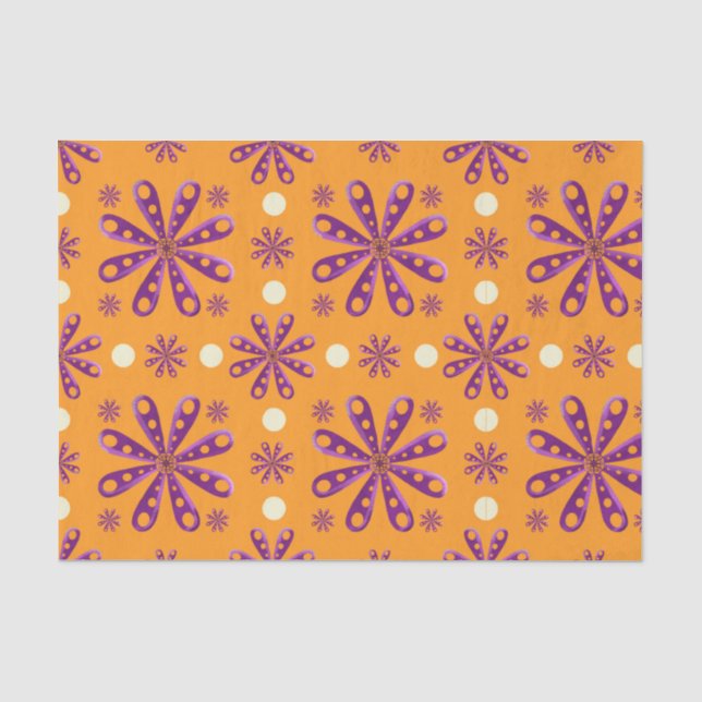 Papier Mousseline Fleurs violettes rétro sur fond orange (Recto)