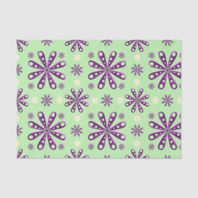 Papier Mousseline Fleurs violettes rétro sur fond vert (Recto)