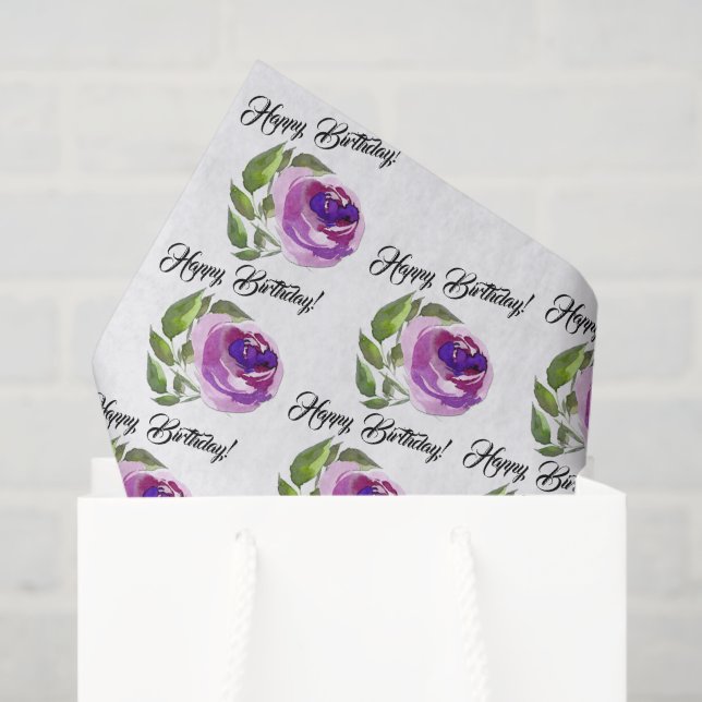 Papier Mousseline Floral Aquarelle Rose Motif | Joyeux anniversaire (Sac cadeau)