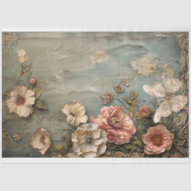 Papier Mousseline Floral badigeonné, papillon en dentelle, bleu Dust (Recto)