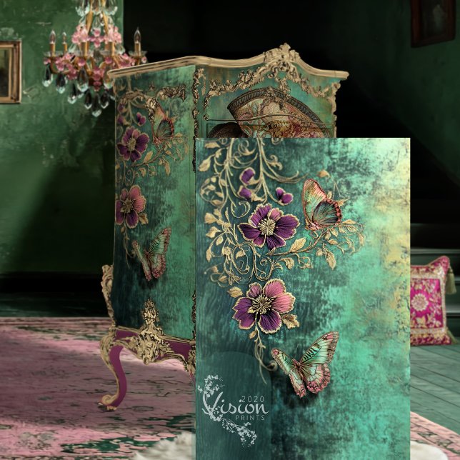 Papier Mousseline Floral baroque, Papillons Imaginaires Patina Turqu (Butterfly Baroque Fantasy, Teal Patina, Plum Highlights, Decoupage Tissue Paper)