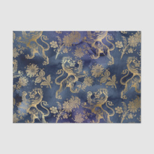 Papier Mousseline Floral bleu marine et lion d'or