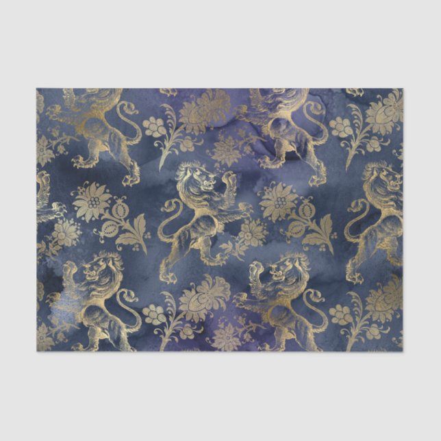 Papier Mousseline Floral bleu marine et lion d'or (Recto)