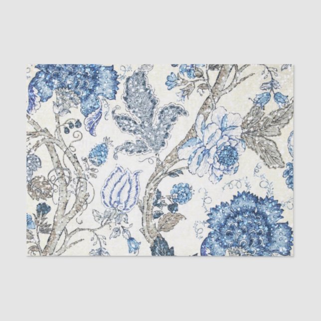 Papier Mousseline Floral bleu scintillant sur le blanc d'hiver (Recto)