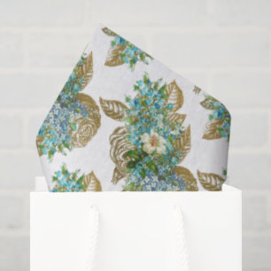 Papier Mousseline Floral bleu vintage et or