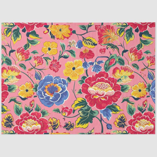 Papier Mousseline Floral Chinoiserie rose vif (Recto)