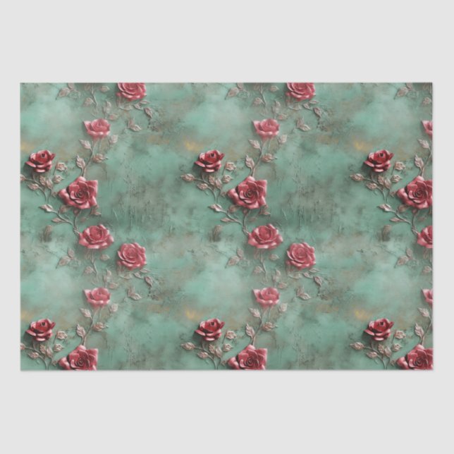 Papier Mousseline Floral de Roses rouges vertes (Recto)
