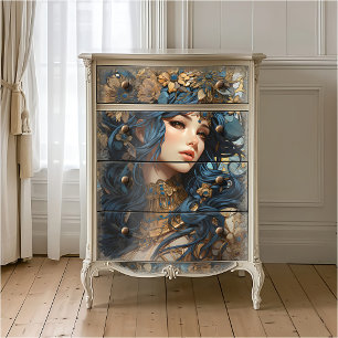 Papier Mousseline Floral et Déesse Or Style Anime Bleu