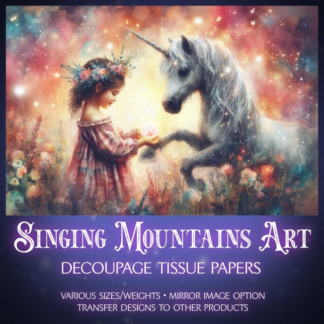 Papier Mousseline Floral Fantasy Girl and Unicorn Decoupage  (Créateur téléchargé)