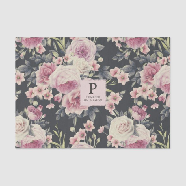 Papier Mousseline Floral foncé sur noir | Papier Tissu Logo (Recto)