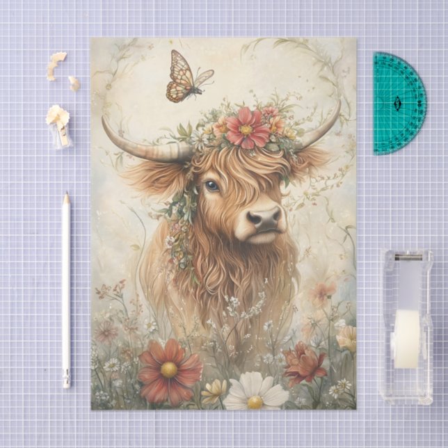 Papier Mousseline Floral Highland Cow With Wildflowers Decoupage (Artisanat)