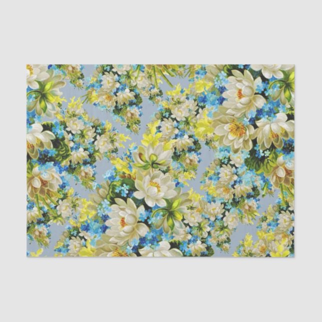 Papier Mousseline Floral jaune et bleu (Recto)