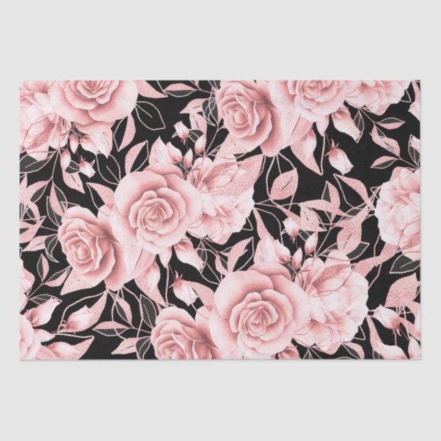 Papier Mousseline Floral noir or rose avec Parties scintillant (Recto)