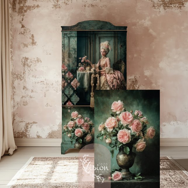 Papier Mousseline Floral romantique, Roses de pivoines, rose et émer (Romantic Floral, Blush Pink, Peony Roses, Vintage Still Life, Emerald Green Background Decoupage )