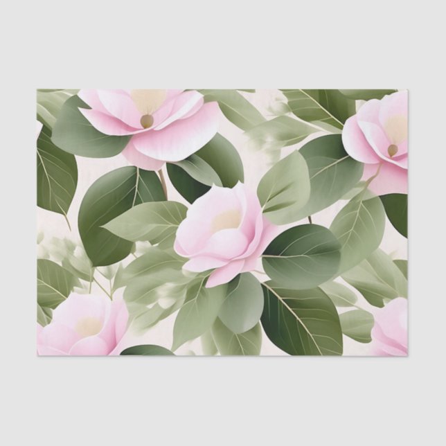 Papier Mousseline Floral rose doux avec Motif Feuille Eucalyptus (Recto)
