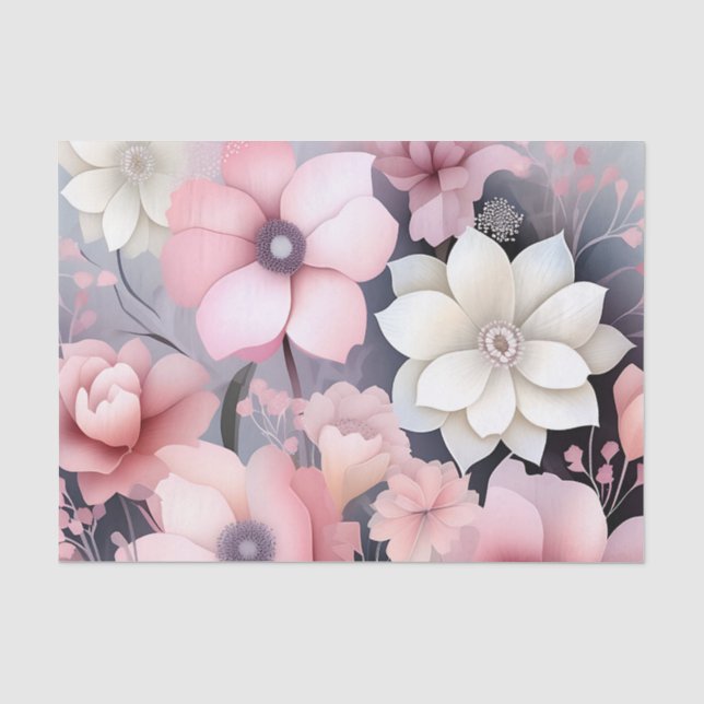 Papier Mousseline Floral rose et gris doux (Recto)