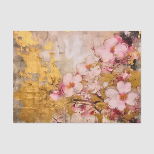 Papier Mousseline Floral rose et or (Recto)