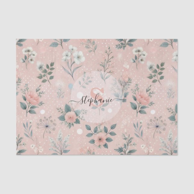 Papier Mousseline Floral rose rustique avec fleurs blanches et verdu (Recto)