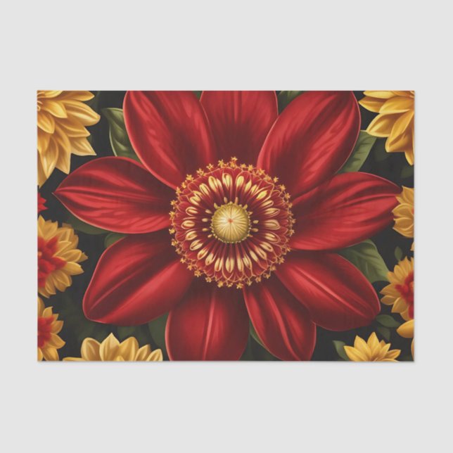 Papier Mousseline Floral Rouge Et Jaune (Recto)