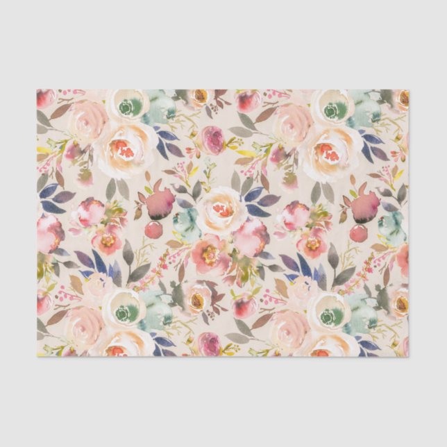 Papier Mousseline Floral rustique d'aquarelle brune rose ene ivoire (Recto)