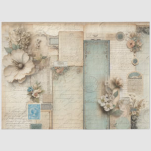 Papier Mousseline Floral Vintage bleu rose Ephémère Découpage