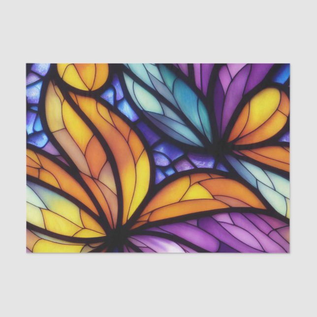 Papier Mousseline Floral violet bleu Jaune Vitrail Découpage (Recto)