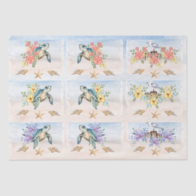 Papier Mousseline Floral Watercolor Sea Turtles & Sandpipers (Recto)