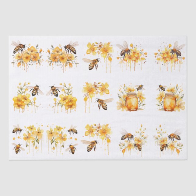 Papier Mousseline Floral Watercolor Summer Honey Bees Decoupage (Recto)