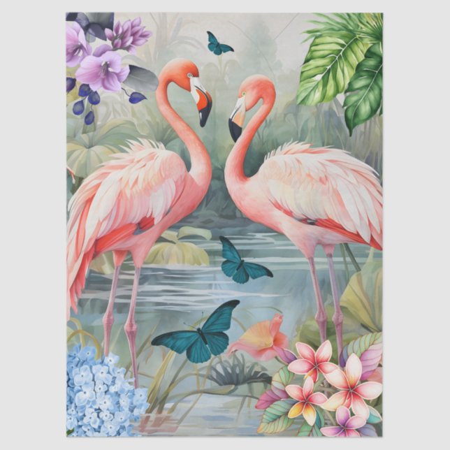 Papier Mousseline Flore d'Imaginaire Flamant rose et papillons (Recto)