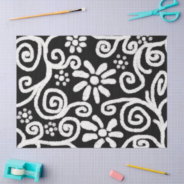 Papier Mousseline Flore Noir Blanc Fleurs Découpage (Artisanat)
