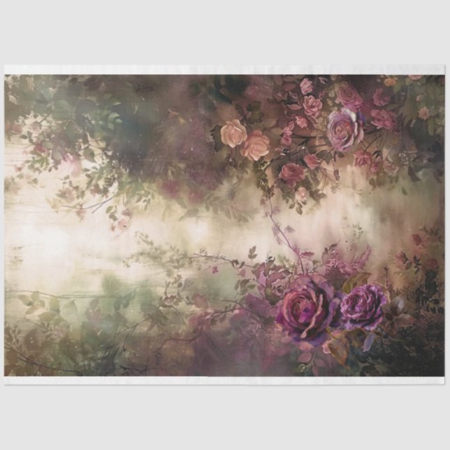 Papier Mousseline Flore romantique, Scène, Vin Bourgogne & Vert (Recto)