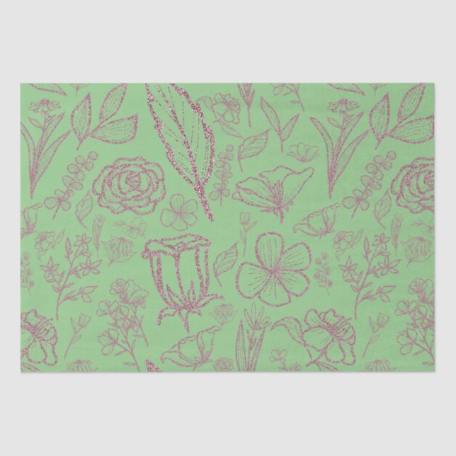 Papier Mousseline Flore rose simple sur vert | (Recto)