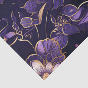 Papier Mousseline Flore violet foncé et or Faux