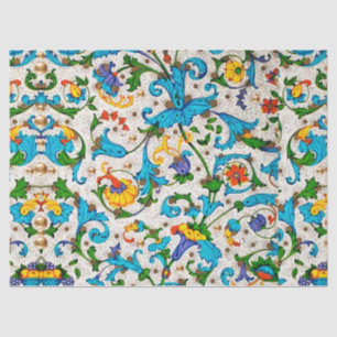 PAPIER MOUSSELINE FLORENTINE RENAISSANCE BLEU FLORAL SWIRLS, FLEURS