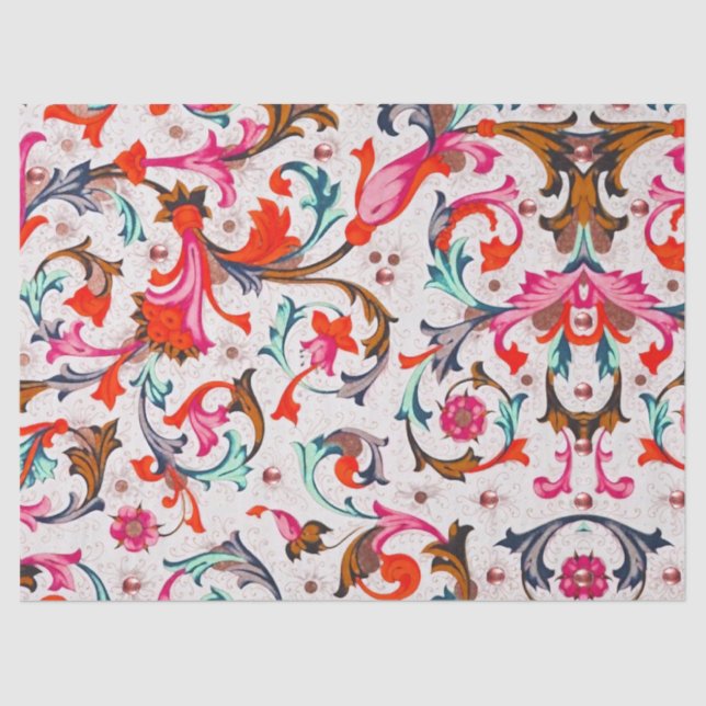 PAPIER MOUSSELINE FLORENTINE RENAISSANCE ROUGE FLEURS, FLEURS (Recto)