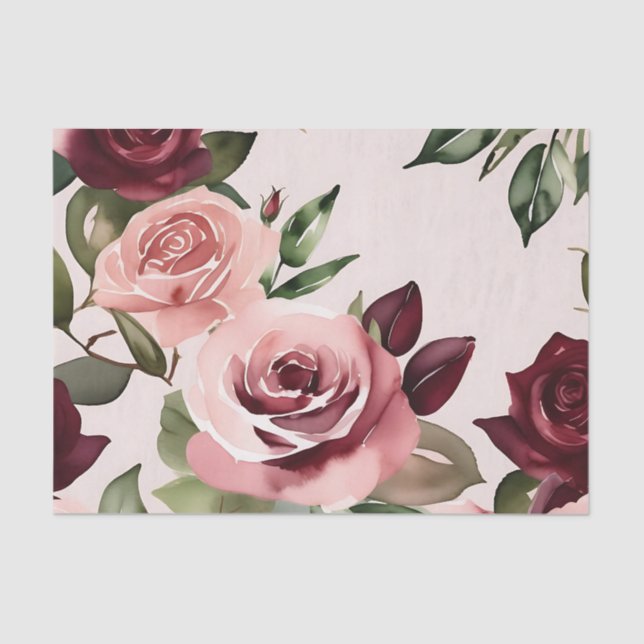 Papier Mousseline Flores romantiques Aquarelle Roses Bourgogne (Recto)