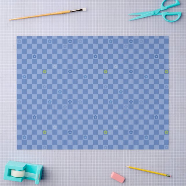 Papier Mousseline Flower Checkered Pattern No. 01 - Light Blue (Artisanat)