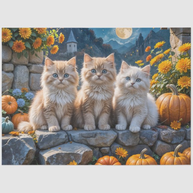 Papier Mousseline Fluffy Chatons d'automne Citrouilles et feuillage (Recto)