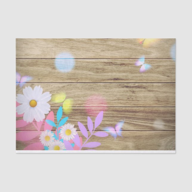 Papier Mousseline Folithe et papillons de printemps sur bois (Recto)