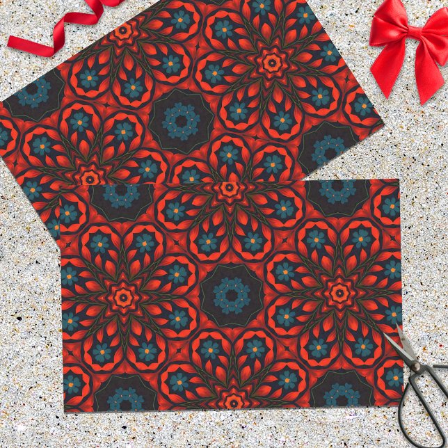 Papier Mousseline Folk Ethnic Rouge Bleu Noir Motif Floral (Créateur téléchargé)